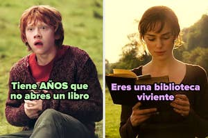 Dos personajes: uno sorprendido, el otro leyendo. Texto: "Tiene AÑOS que no abres un libro" y "Eres una biblioteca viviente"