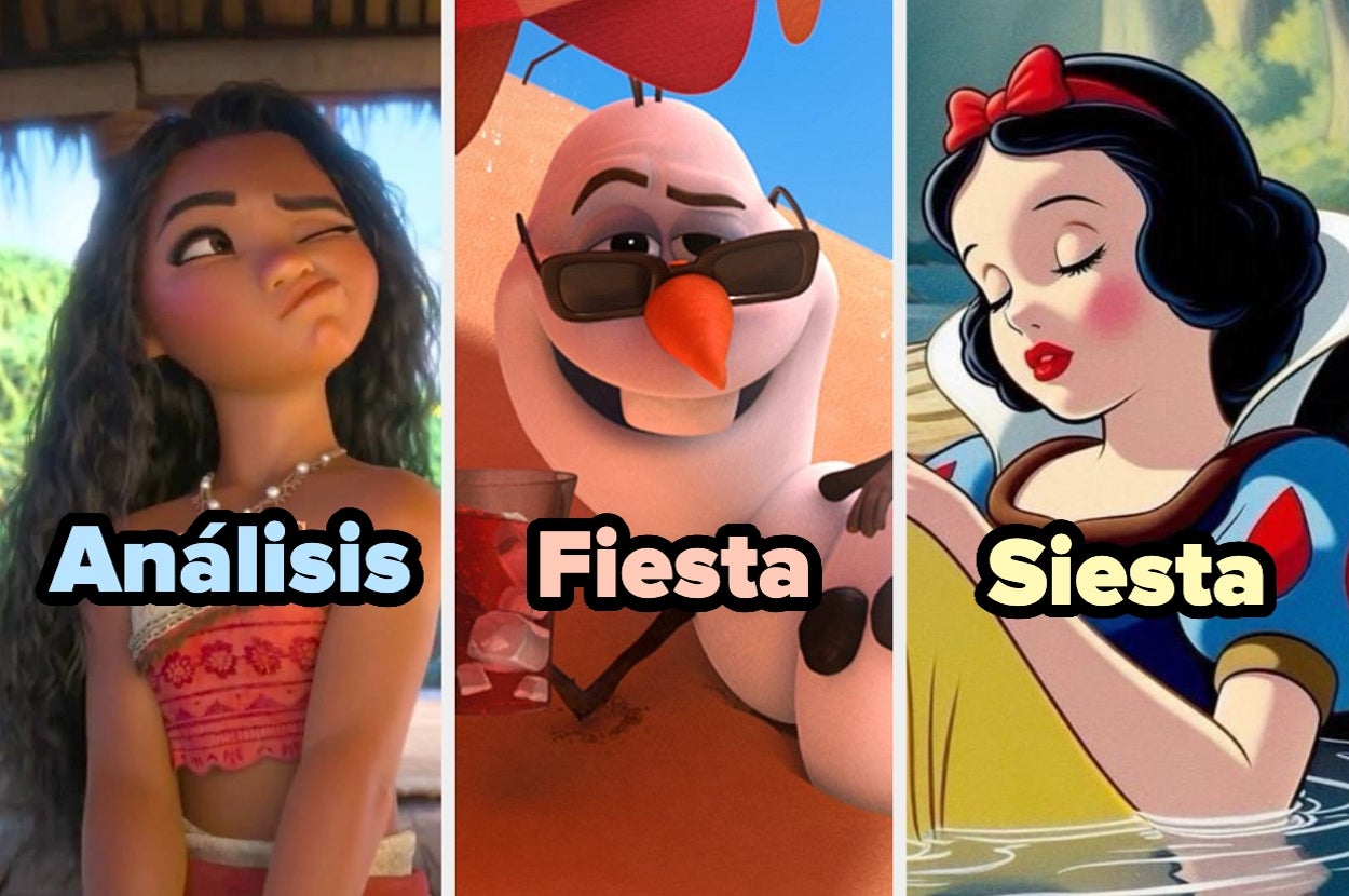 Imagen dividida en tres partes: Moana haciendo mueca (Análisis), Olaf con gafas de sol (Fiesta), Blancanieves durmiendo (Siesta). Texto en español