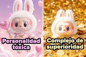 Dos imágenes de personajes de dibujos animados con orejas de conejo: a la izquierda, "Personalidad tóxica"; a la derecha, en monedas, "Complejo de superioridad"