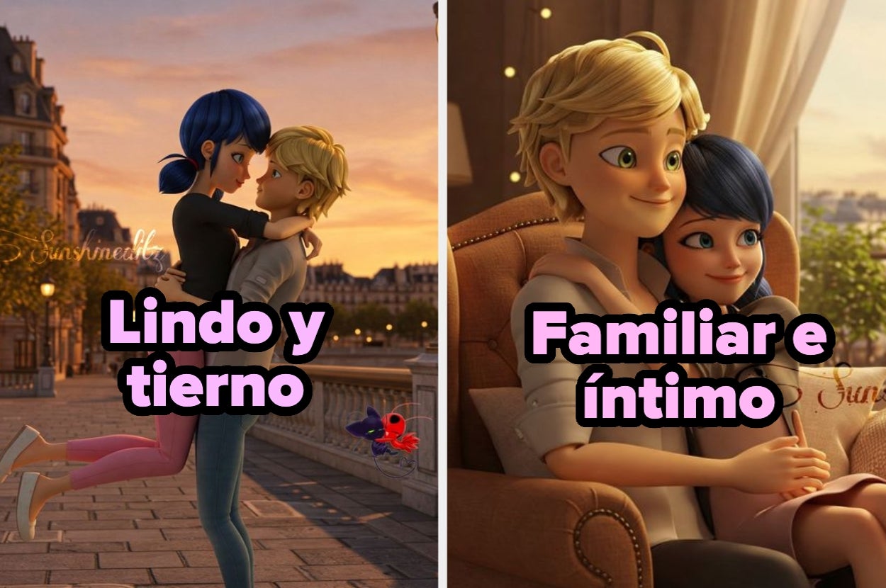 Dos escenas animadas: izq., pareja abraza bajo luz urbana; der., misma pareja se acurruca en sillón. Textos: "Lindo y tierno" y "Familiar e íntimo"