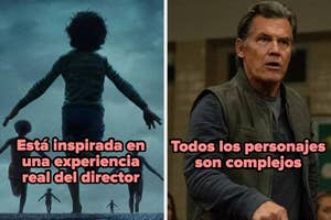 Imagen dividida: izquierda, niños corriendo con texto "Está inspirada en una experiencia real del director". Derecha, hombre, "Todos los personajes son complejos"