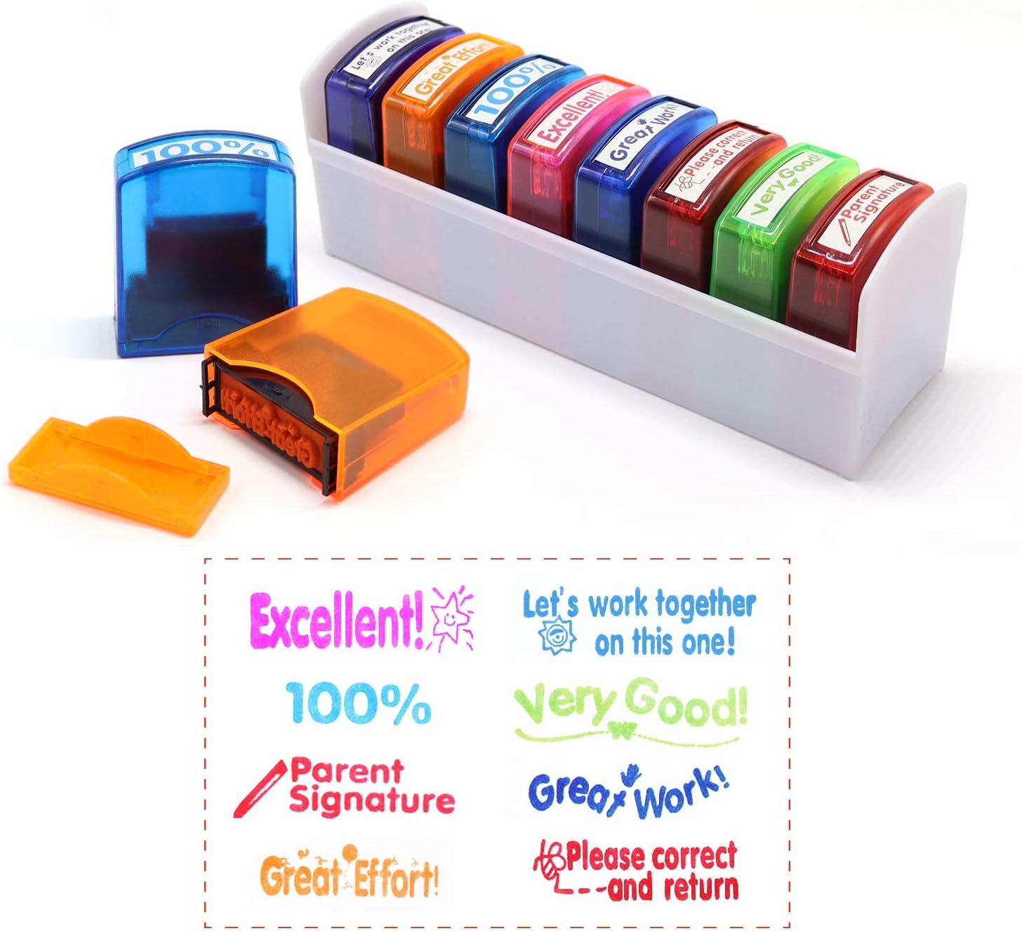 Set of colorful teacher stamps with phrases including "Excellent!", "Very Good!", and "Please correct." Designed for grading and feedback