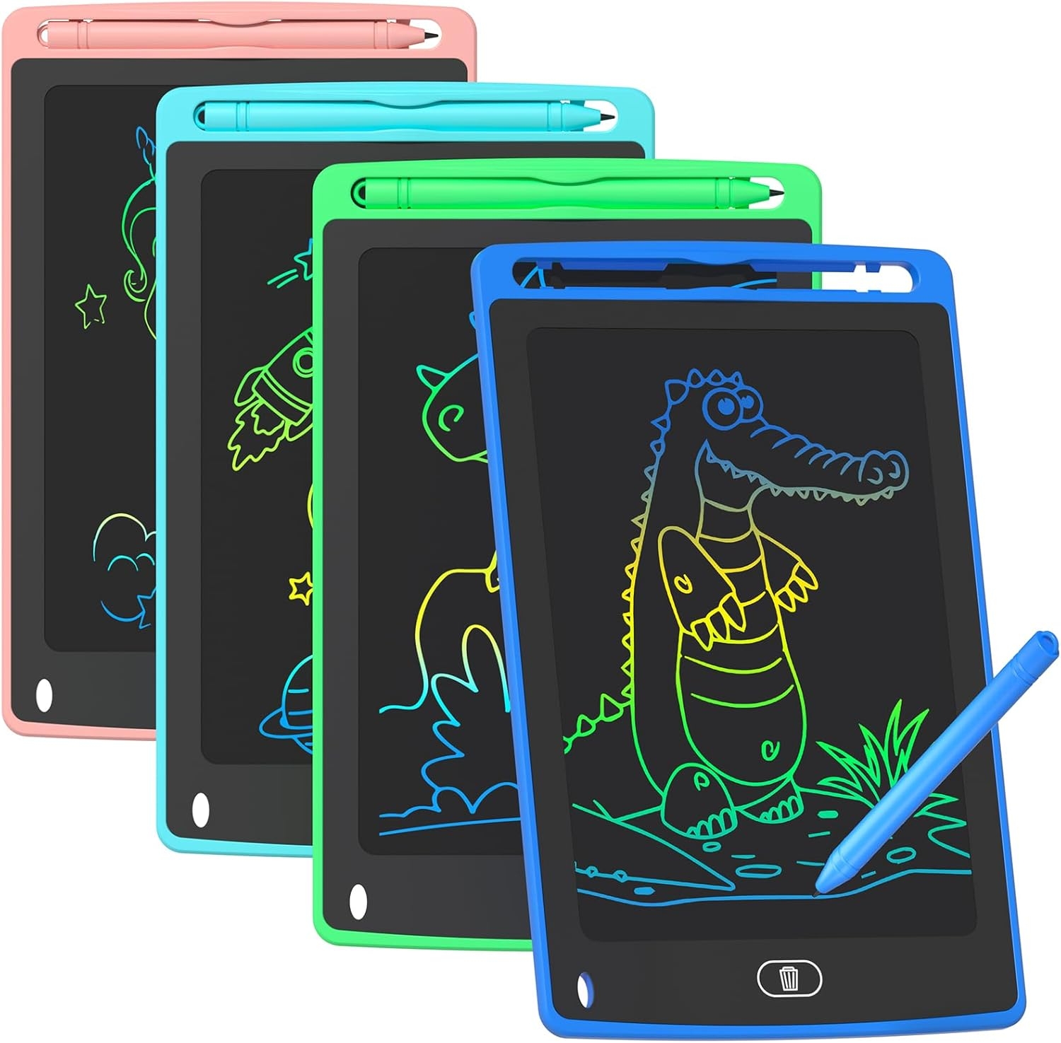 Four LCD writing tablets, each displaying colorful doodles of animals like a dinosaur and a crocodile, with styluses attached