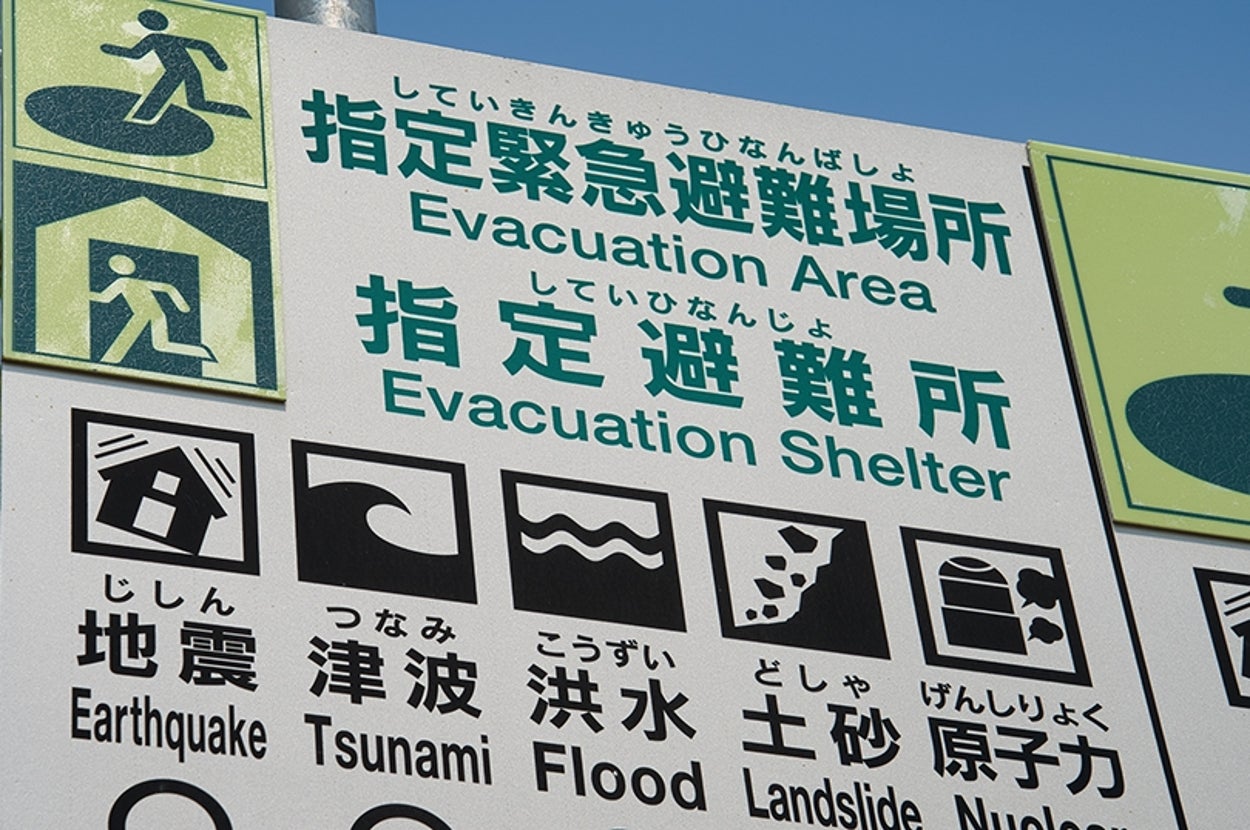 避難場所と避難所の標識。地震、津波、洪水、土砂崩れ、原子力災害への対応を示す。