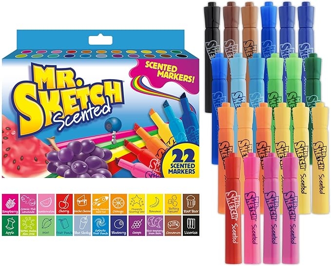Mr. Sketch Scented Markers set of 22 with various scents and colors shown on the packaging and markers displayed standing upright