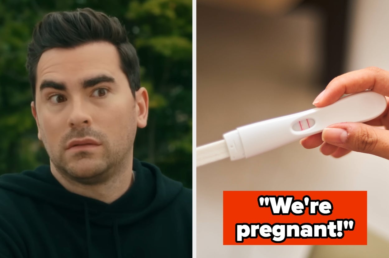 Split image of David Rose in "Schitt's Creek" and a positive pregnancy test. Text: "We're pregnant!"