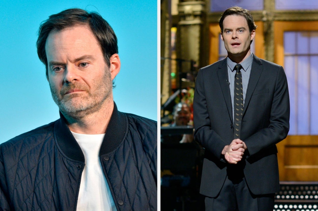 Actor in casual attire on left, wearing a jacket; in formal suit on right while speaking on stage