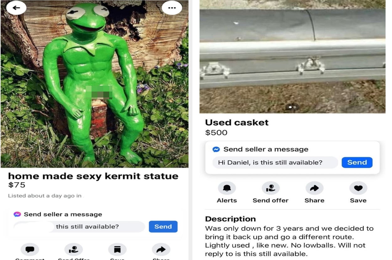 Left: Homemade Kermit statue on sale for $75. Right: Used casket for sale at $500, lightly used, with the description humorously noting usage history