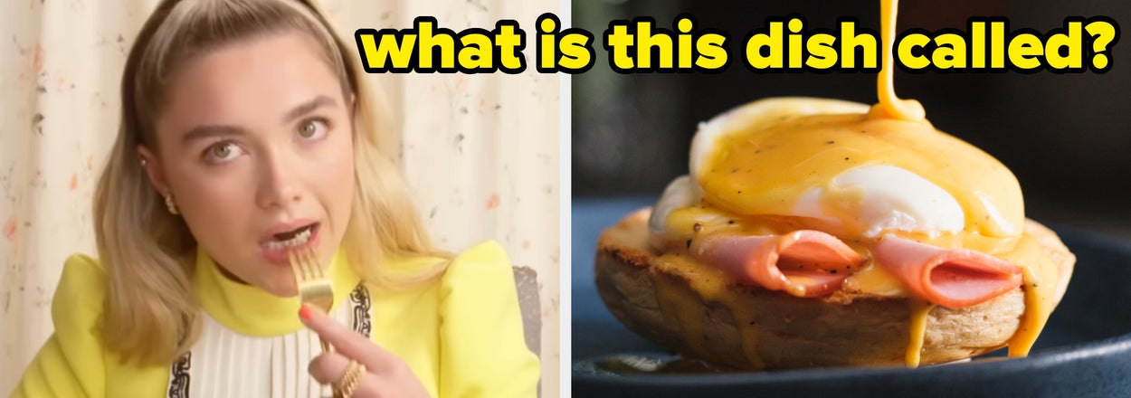 Person eating breakfast foods beside a close-up of eggs Benedict with hollandaise sauce being poured. Text asks the dish's name