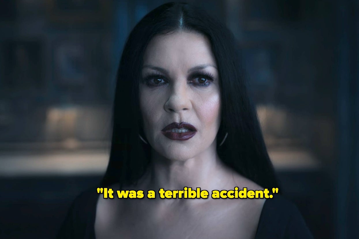 Woman with long dark hair and dramatic makeup speaks, “It was a terrible accident,” in a dimly lit room