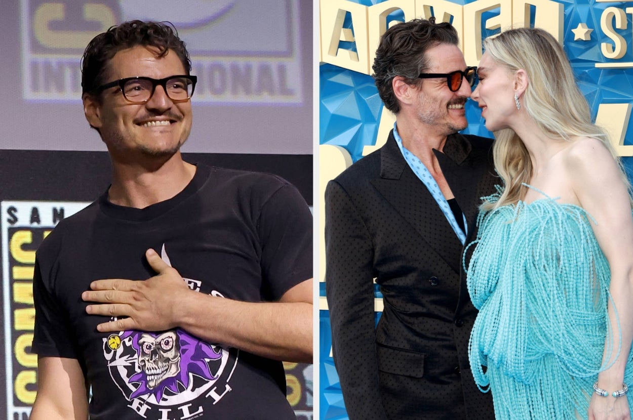 Left: A person smiles in a casual t-shirt at an event. Right: The same person in a dark suit and sunglasses, talking closely with a woman in a feathered outfit