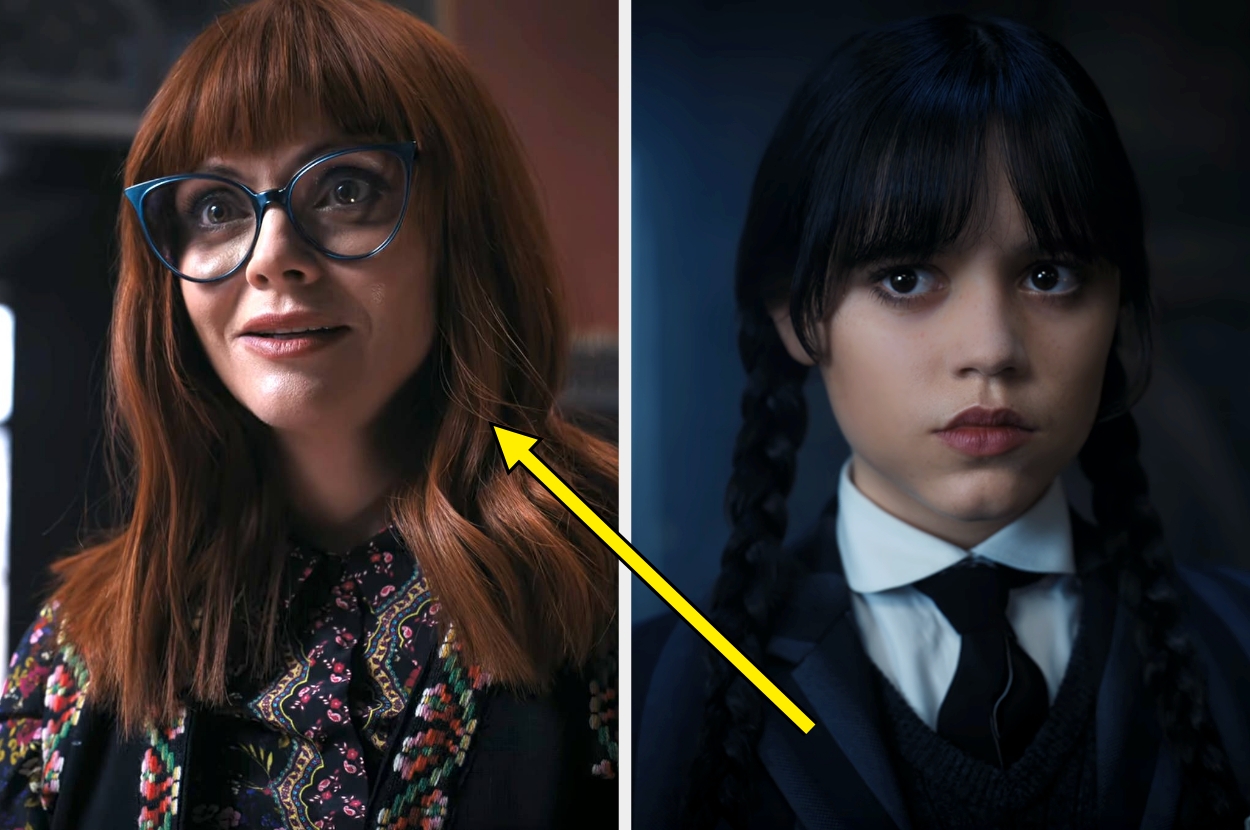 Two women in character: one with long hair and glasses, the other with braids in a school uniform. Arrow between them suggests a connection