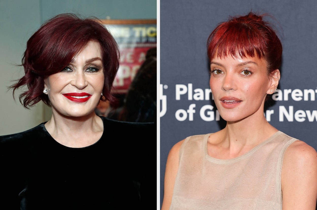 Two individuals with red hair at separate events; left is in a velvet outfit, right is in a sheer sleeveless top