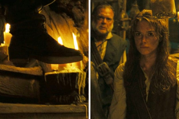 Elizabeth Swann looking in shock as someone comes down the stairs in Pirates of the Caribbean Dead Man's Chest
