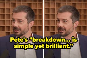 Man speaking in an interview with text: "Pete's 'breakdown... is simple yet brilliant.'"