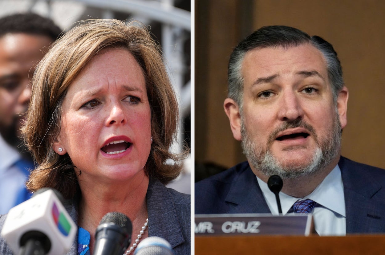 Two individuals speaking at separate events. The first wears hoop earrings and the second a shirt with a badge. Both appear to be mid-speech