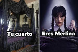 A la izquierda, una habitación gótica; a la derecha, una persona con vestido negro y trenza. Texto: "Tu cuarto" y "Eres Merlina"