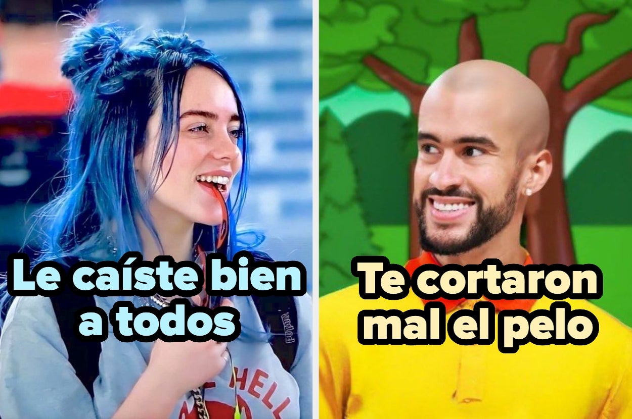 Un joven sonriente con cabello azul y otra persona calva con expresión feliz, con texto humorístico sobre sus peinados