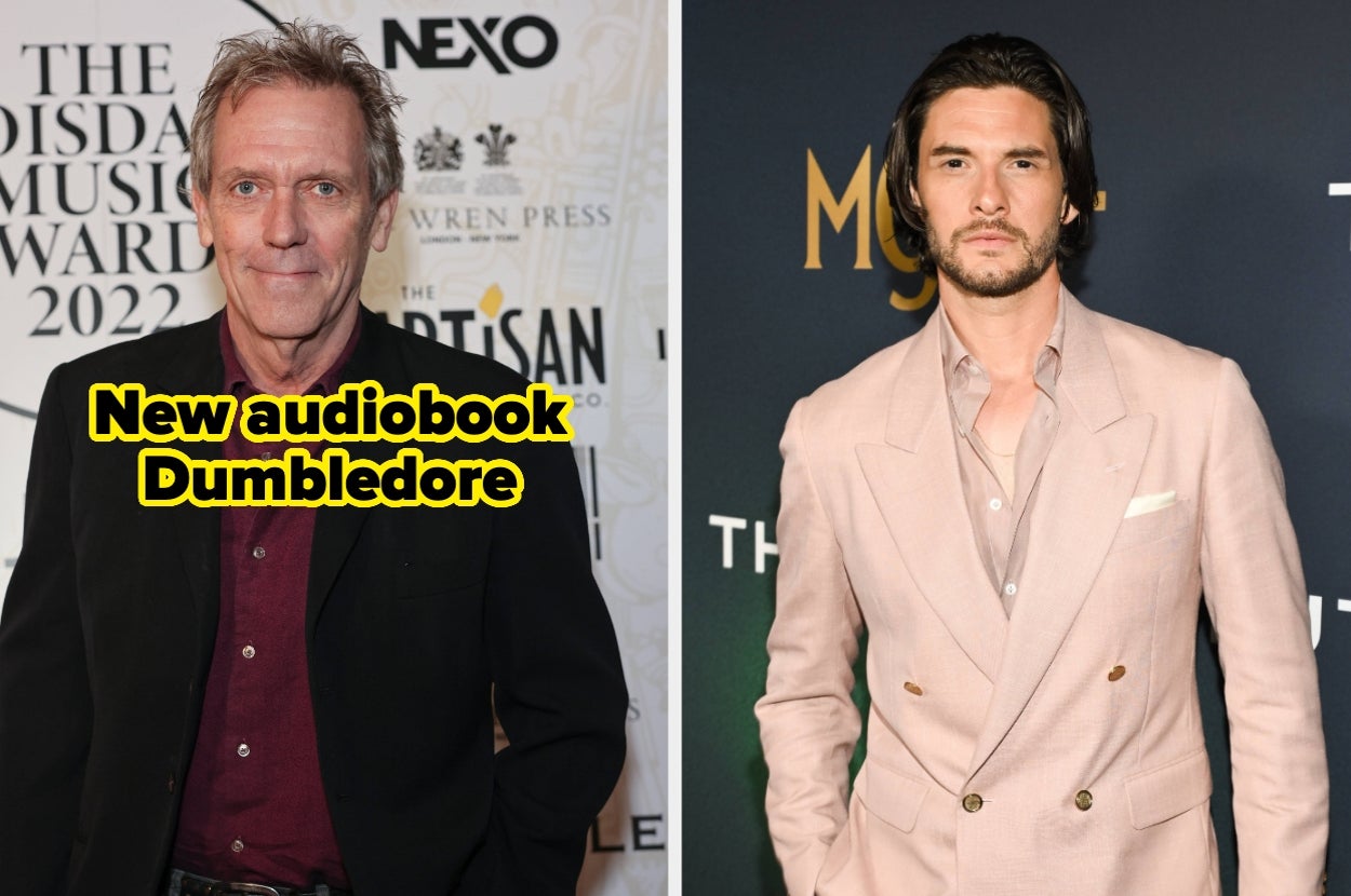 Two men pose side by side; one in a casual suit, the other in a pink suit. Text reads "New audiobook Dumbledore."