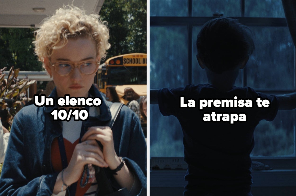 Imagen dividida: a la izquierda, persona con gafas y cabello corto; a la derecha, silueta de un niño frente a una ventana. Texto: "Un elenco 10/10" y "La premisa te atrapa"