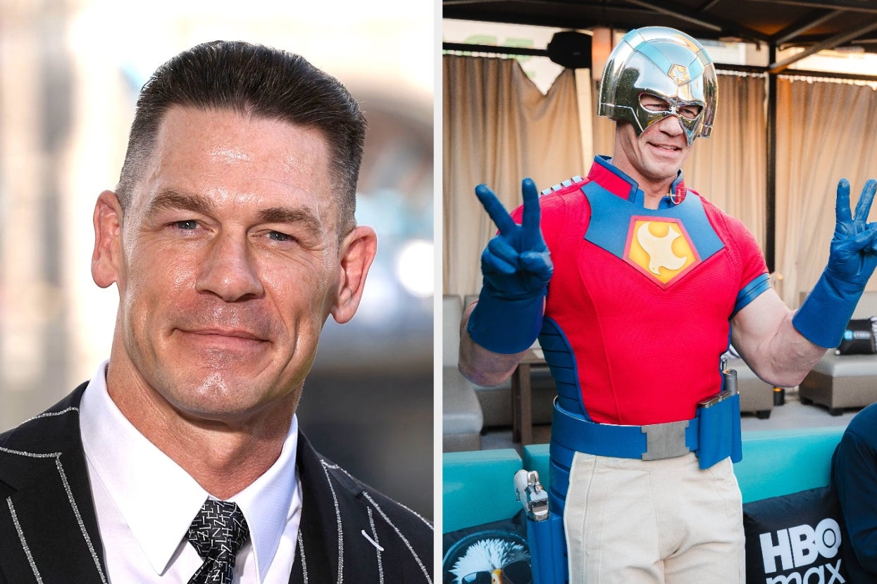 Person in a suit at an event; same person in a superhero costume with helmet, posing with peace signs