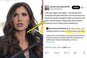 A woman speaks at a podium, while a tweet about a new Indiana detention center named "The Speedway Slammer" is highlighted beside her