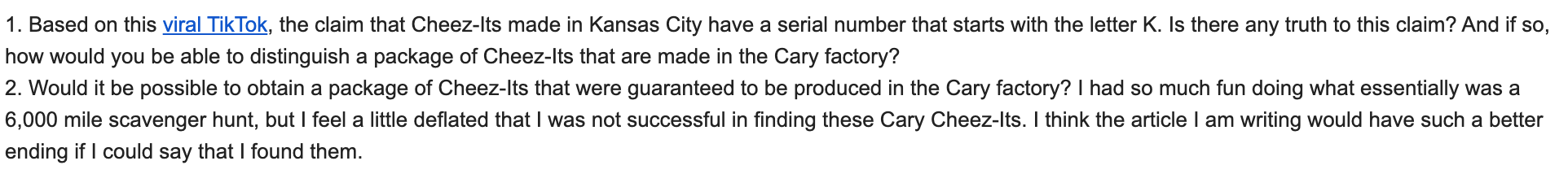 Luke's email to Cheez-Its asking about the truth behind the K serial number