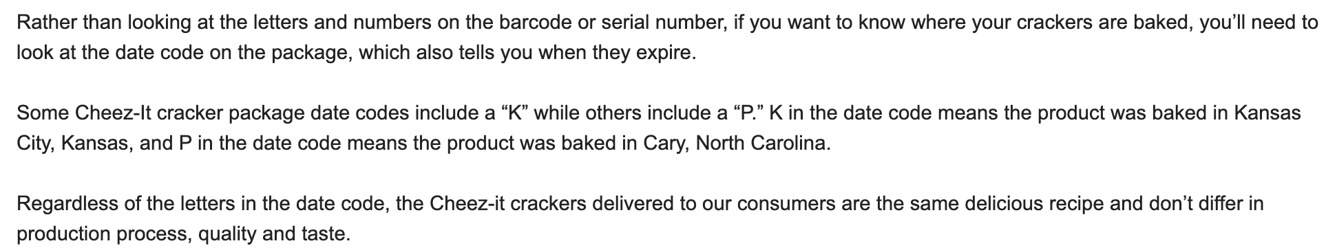 Summary of text: The text explains that Cheez-It package codes indicate the location where they were baked, using "K" for Kansas City and "P" for Cary