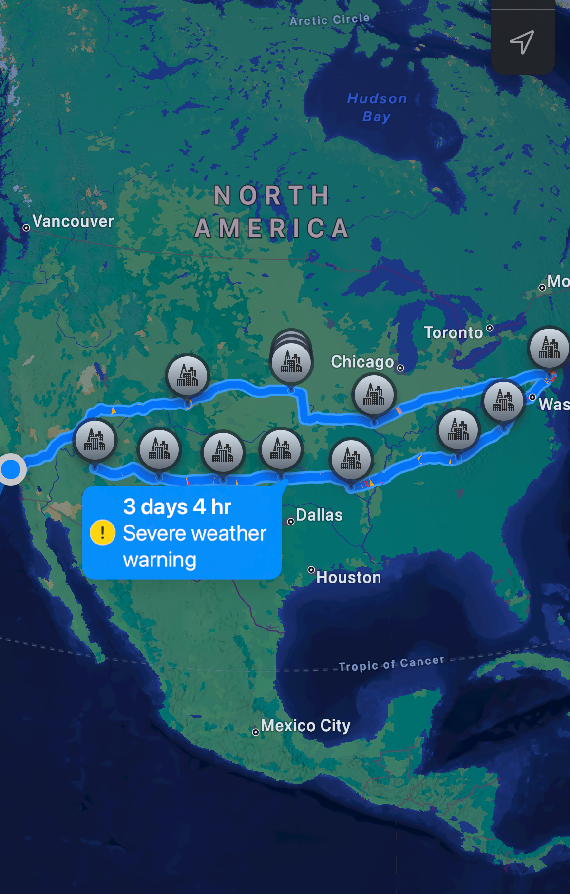 Map showing a route across North America with a severe weather warning notice; route covers major cities