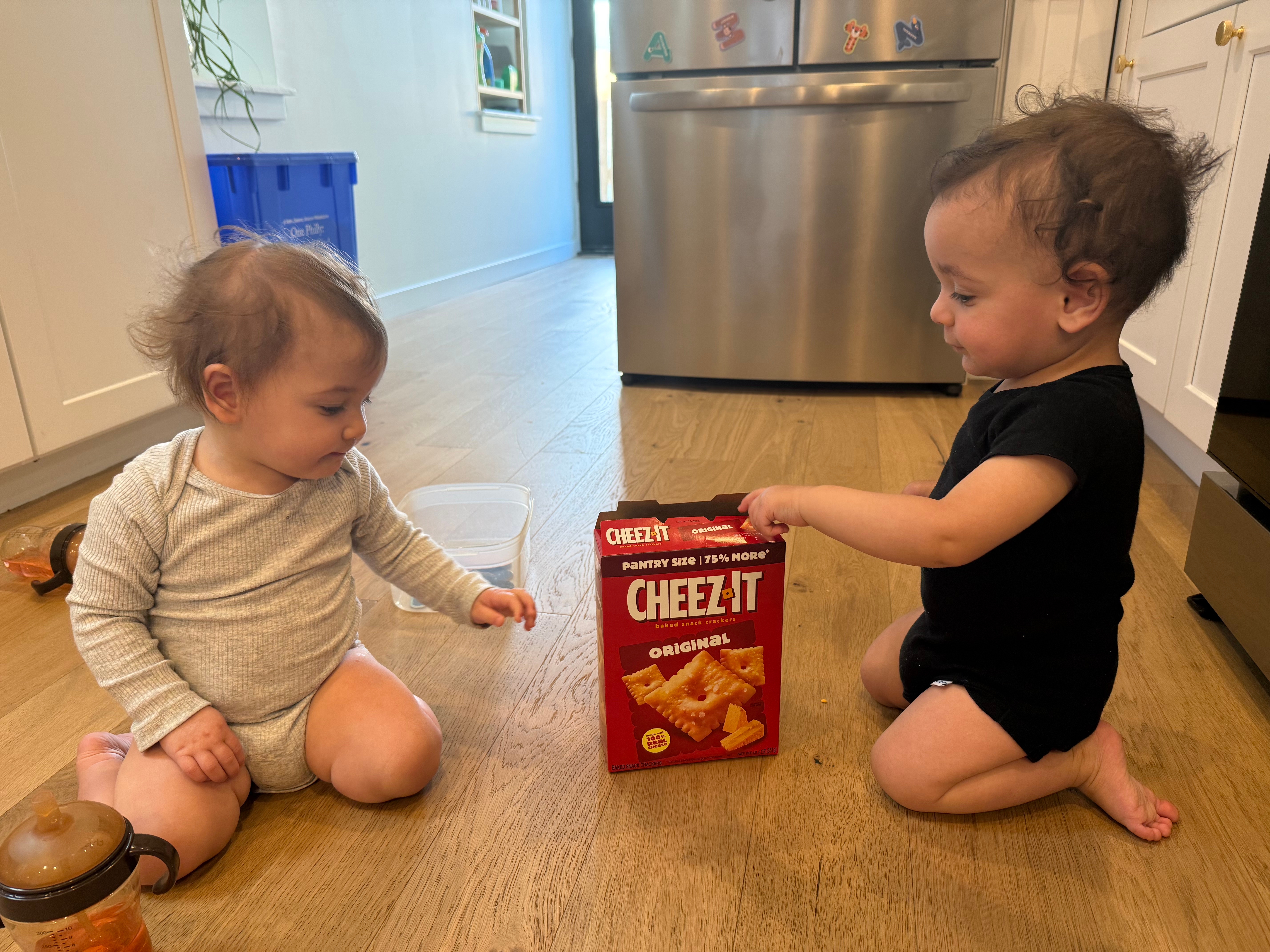 Two toddlers sit on a kitchen floor, interacting with a box of Cheez-It crackers
