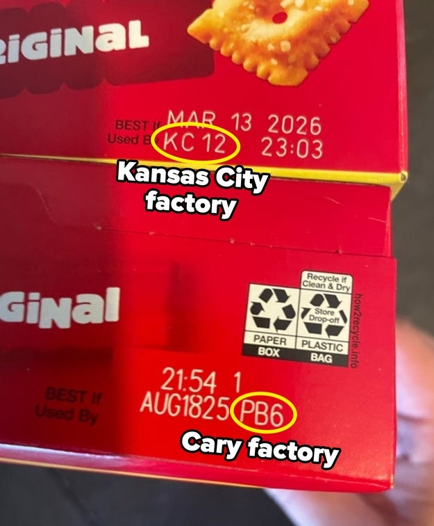 Close-up of two product packages showing factory codes "KC12" for Kansas City and "PB6" for Cary factory