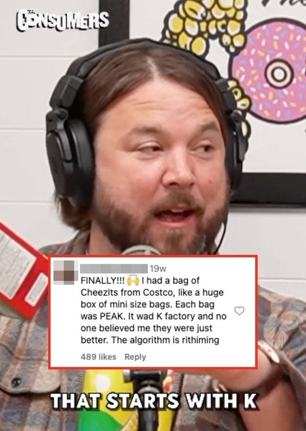 Man with beard speaks on podcast. Overlaid text: Social media post about Costco-sized Cheez-Its bags from K factory being better; mentions algorithm