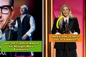 Andy Samberg accepting an award at the Las Culturistas Culture Awards vs Renee Rapp presenting an award at the Las Culturistas Culture Awards