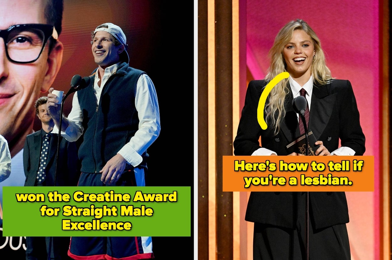 Andy Samberg accepting an award at the Las Culturistas Culture Awards vs Renee Rapp presenting an award at the Las Culturistas Culture Awards