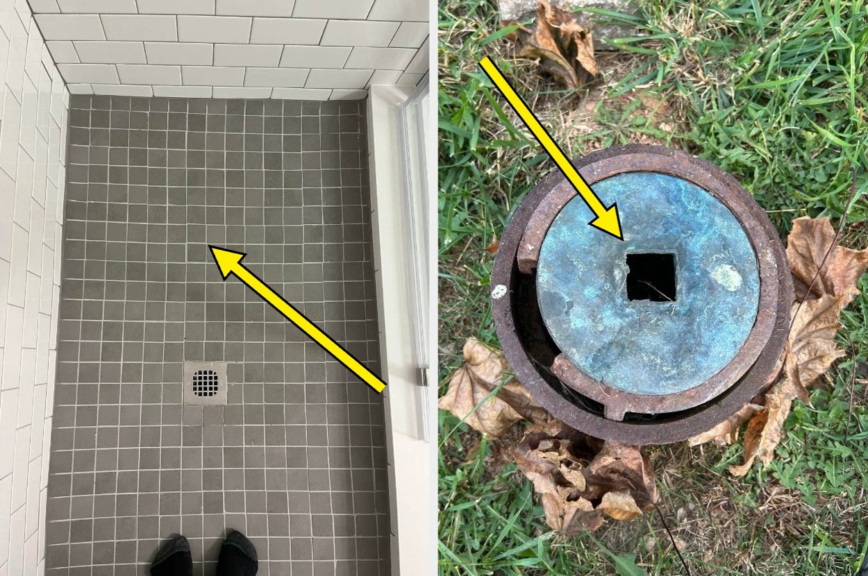 Two images with yellow arrows: left points to shower drain on tiled floor; right points to square hole in metal object surrounded by leaves