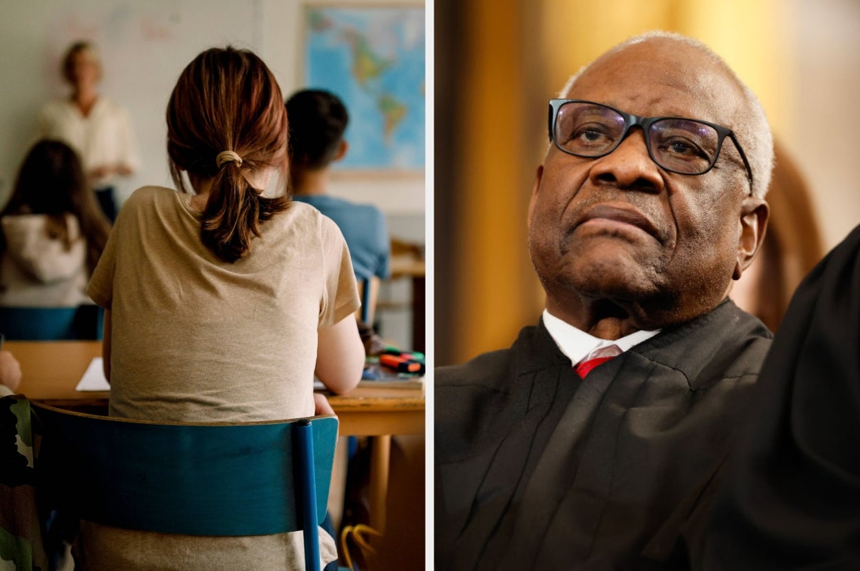 Students in a classroom; Clarence Thomas wearing judicial robes