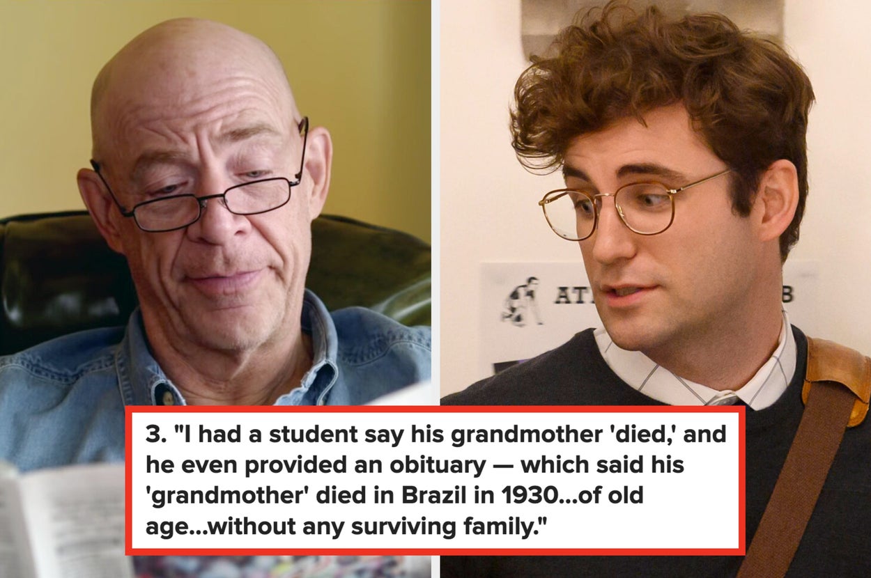 Two images: Left, an older man reading. Right, a young man with glasses. Below, text about a student claiming his grandmother died in 1930 in Brazil