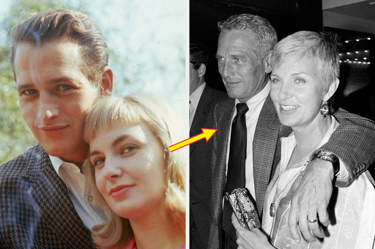 A montage of a couple's photos, young and older, showing a man in suits and a woman in elegant outfits. They are smiling and holding each other closely