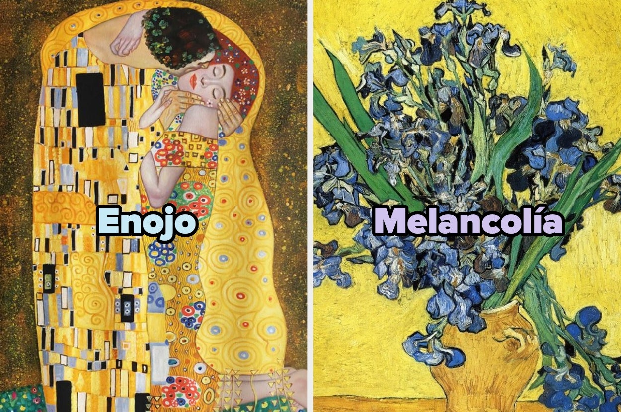 Left: Klimt's "The Kiss" with "Enojo" text. Right: Van Gogh's "Irises" with "Melancolía" text