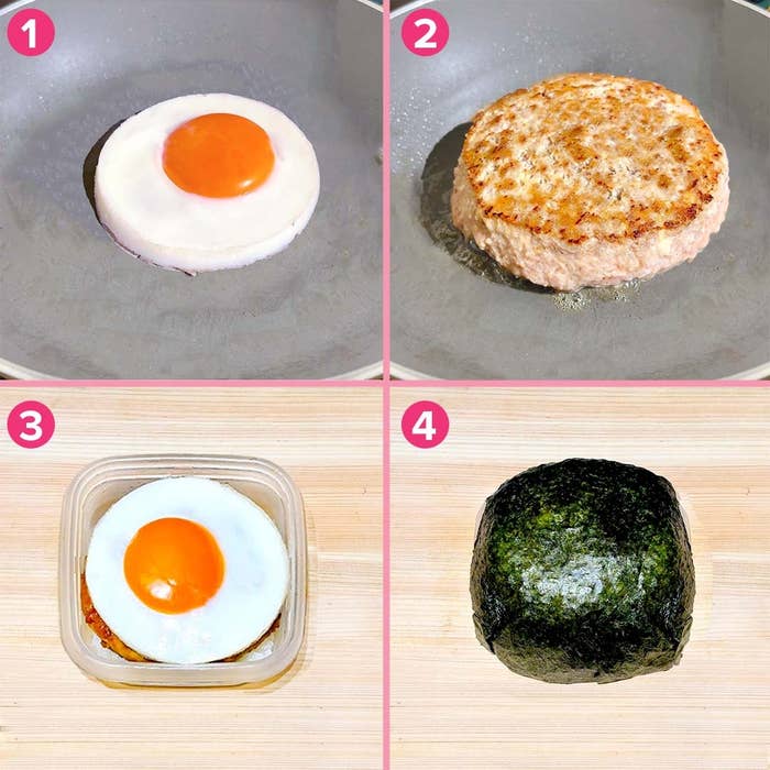 卵とハンバーグを調理し、ご飯と一緒におにぎりにした様子を順に示した4コマの画像。