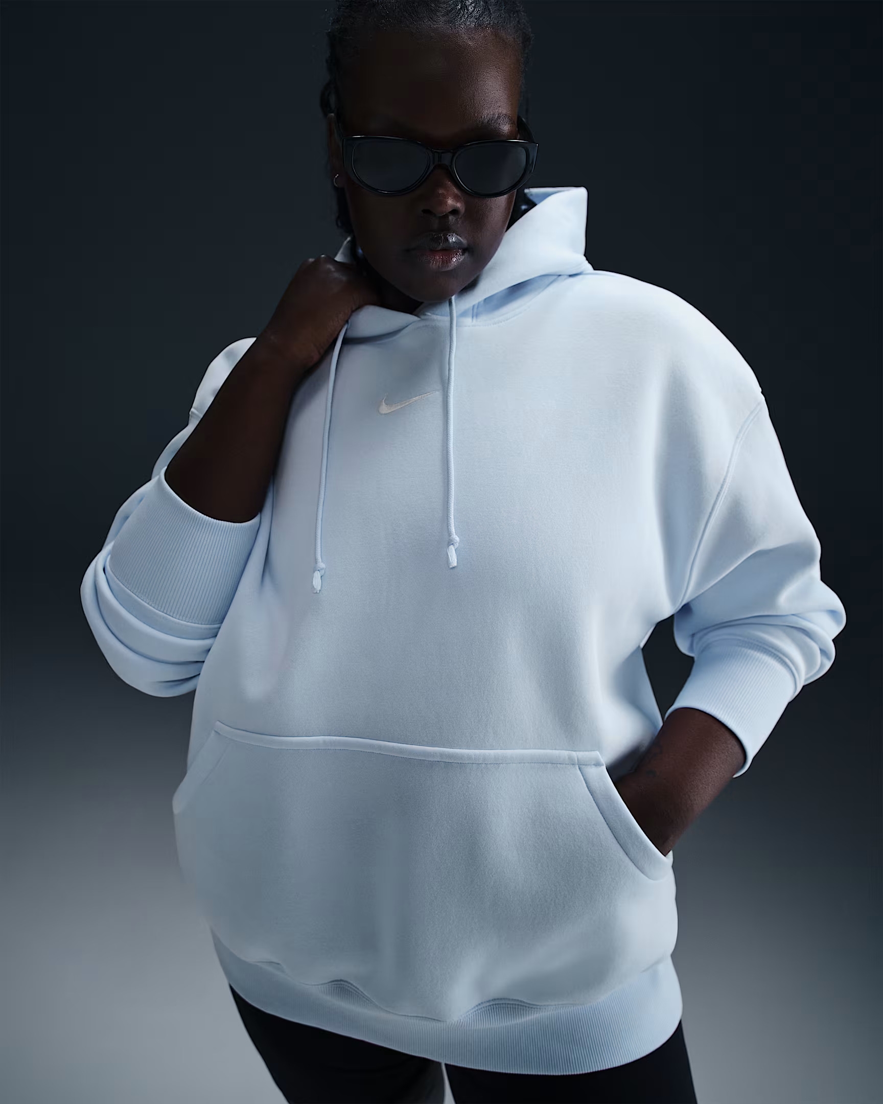 Model wearing the blue hoodie