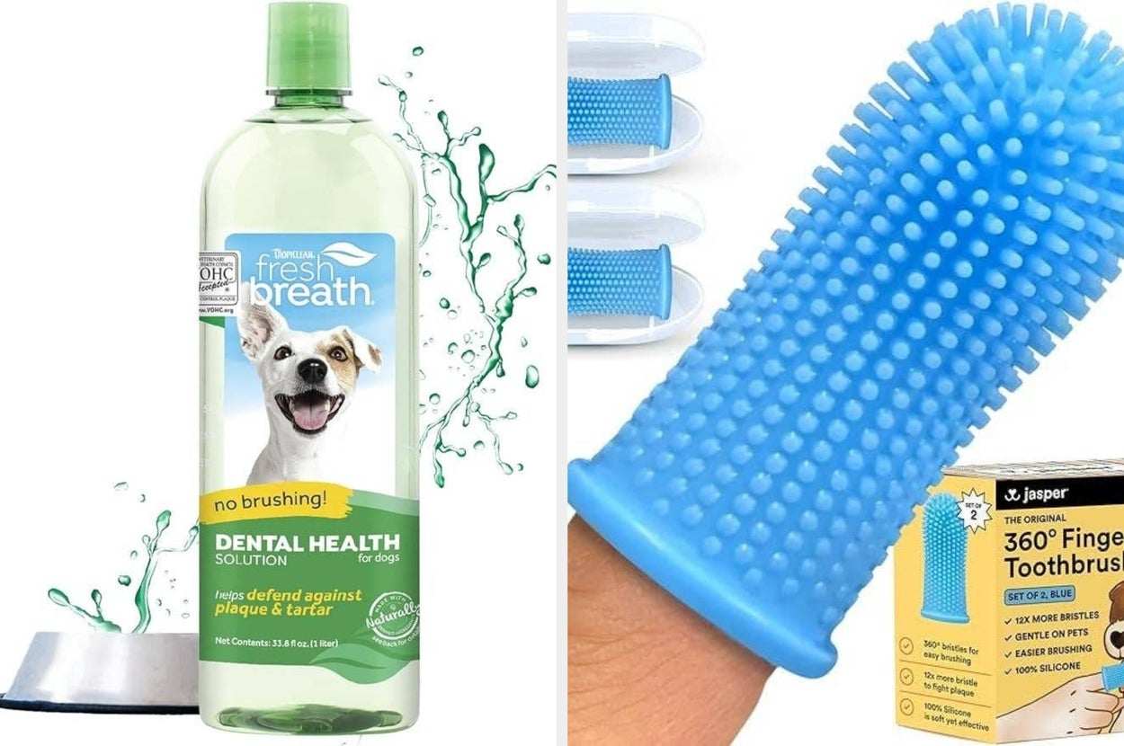 Dog dental health products: a bottle of dental solution and a finger toothbrush with bristles.