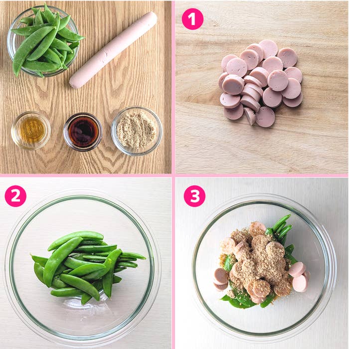 1. 魚肉ソーセージスライスと調味料。2. スナップエンドウをボウルに。3. ソーセージと調味料を加えたサラダ準備。