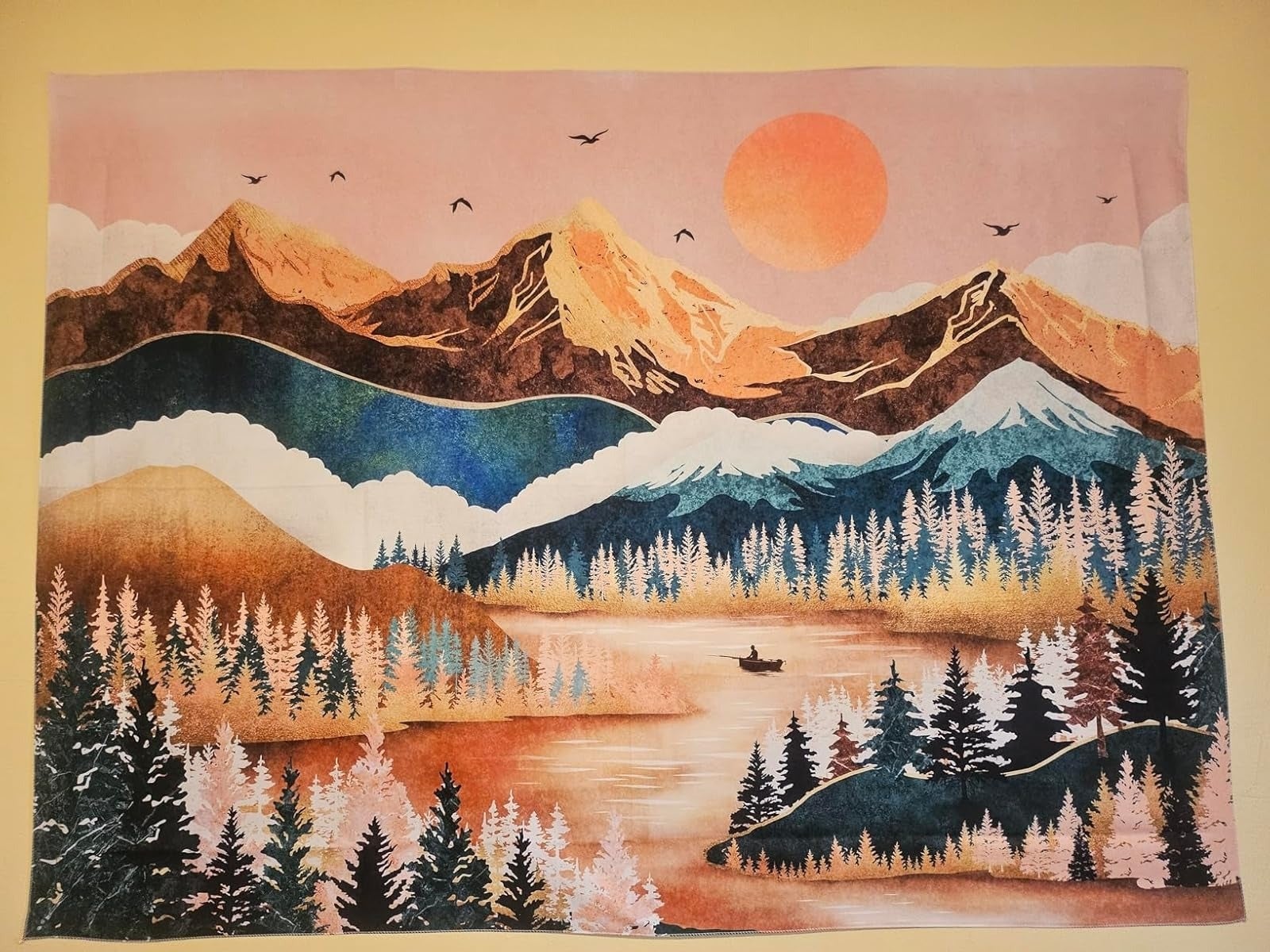 Wall tapestry featuring a upland  scenery  with trees, a river, a tiny  boat, birds, and a prima   mounting  down  the mountains