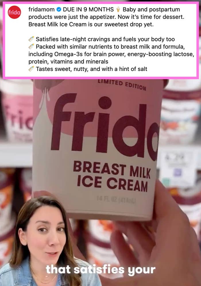 Person holding a tub of "Frida Breast Milk Ice Cream" in a store. A woman in the corner appears to be speaking about it