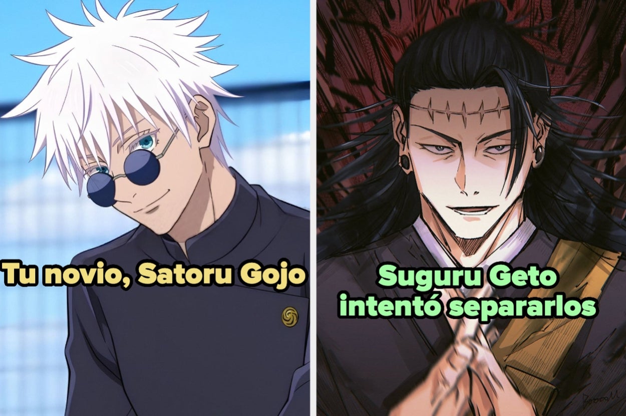 Dos personajes de anime: uno con gafas y cabello claro, otro con expresión seria y cabello oscuro. Texto menciona sus nombres y una acción