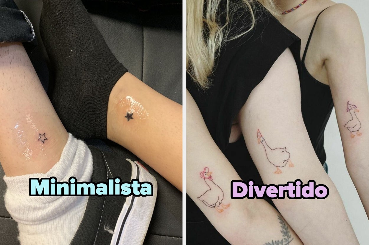 Two images of matching tattoos: left shows small star tattoos on ankles, right shows cartoon goose tattoos on arms. Text: "Minimalista" and "Divertido."