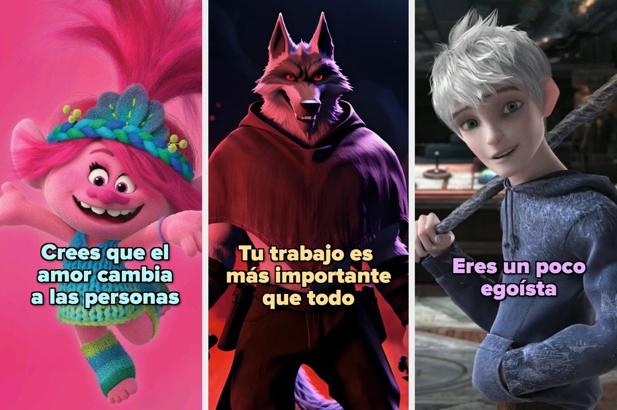 Captura de pantalla con personajes animados: un lobo con texto sobre trabajo, un chico con texto sobre egoísmo, y una chica con texto sobre el amor