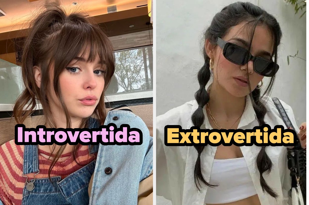 Dos mujeres con diferente estilo: una con cabello suelto y ropa casual, y otra con trenzas y gafas de sol. Texto: "Introvertida", "Extrovertida"