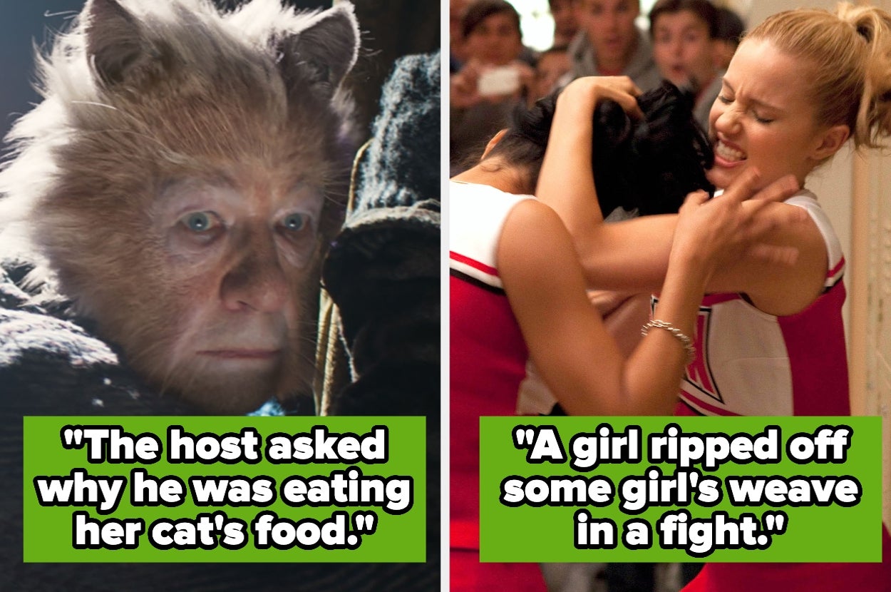 Two funny scenes: A man eating cat food, and a girl pulling out another's weave in a fight